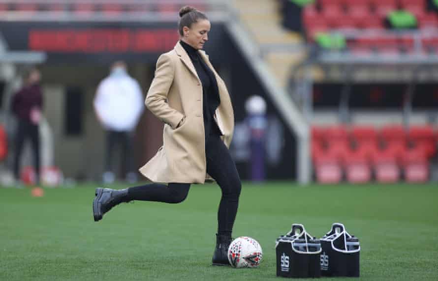 Casey Stoney during the warm-up before Manchester United's WSL match with Arsenal in November