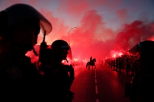 Police officers on horses outside the Metropolitano Stadium in Madrid, Spain, before the UEFA Champions League match between Atlético Madrid and FC Internazionale