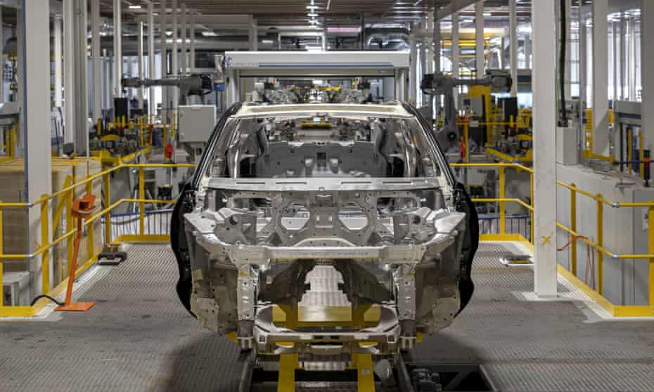 The shell of Aston Martin’s first SUV, the DBX, at the carmaker’s factory in St Athan, south Wales.