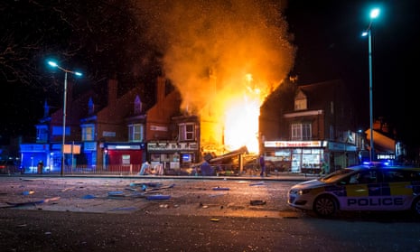 Fire blazes from the scene on Hinckley Road after an explosion in Leicester.