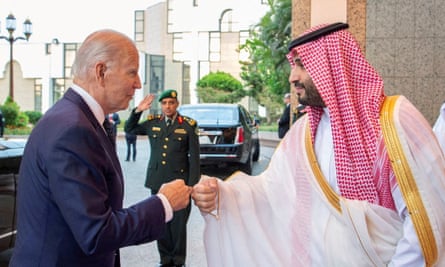 Prince Mohammed fist bumps Joe Biden at Al Salman Palace, July 2022.