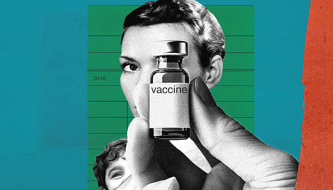 Illustration of a vaccine vial in front of a woman and child
