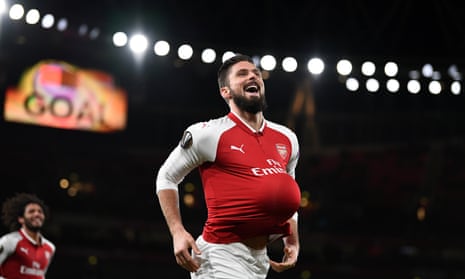 Arsenal’s Olivier Giroud celebrates after scoring their fifth goal from the penalty spot.