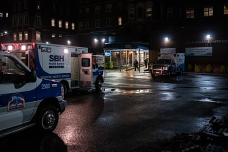EMS personnel outside Emergency Department, St. Barnabas Hospital in the Bronx on March 28, 2020 in New York City. The World Health Organization declared coronavirus (COVID-19) a global pandemic on March 11.