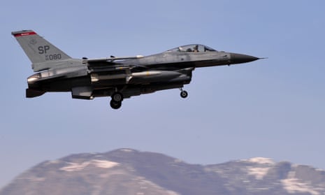A US F-16 jet fighter lands at the Aviano air base in northern Italy