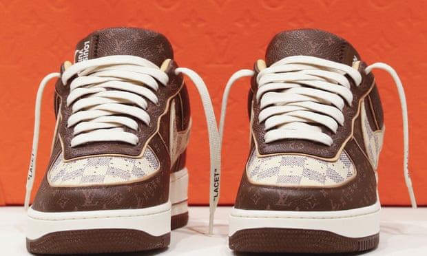 A pair of the Louis Vuitton/Nike Air Force 1 sneakers sold at Sotheby’s.  