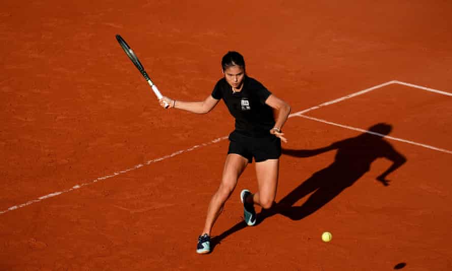 Emma Raducanu practises on the Paris clay.