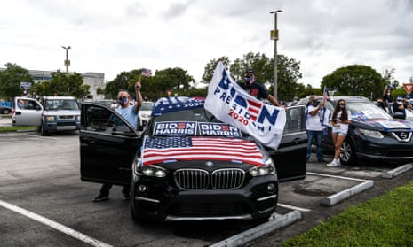 Supporters of the Joe Biden-Kamala Harris presidential ticket await Barack Obama’s rally for the Democrats in Florida this afternoon.