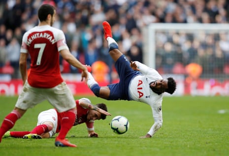 Arsenal’s Lucas Torreira is sent off for this challenge on Tottenham’s Danny Rose.