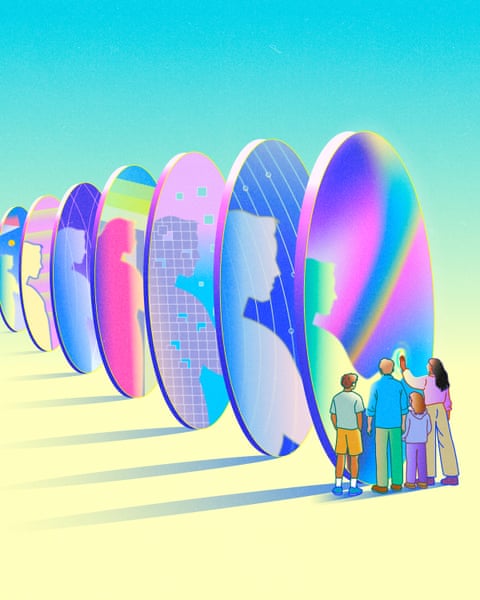 A family making contact with a silhouette of a person trapped in a rainbow disk