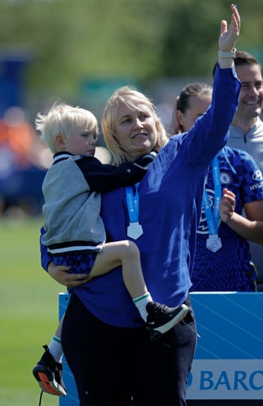 Emma Hayes with her son Harry at the presentation of the 2022 WSL trophy.