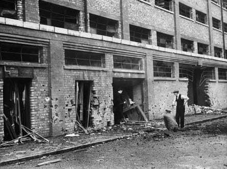 Slight bomb damage to the rear stand of Goodison Park, home stadium of Everton FC, after an air raid during World War II in September 1940.