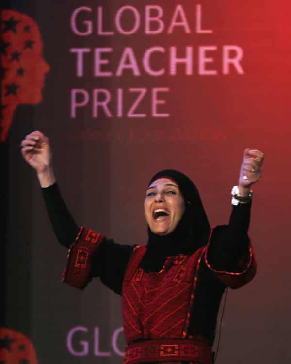 Hanan al-Hroub reacts after winning the award.