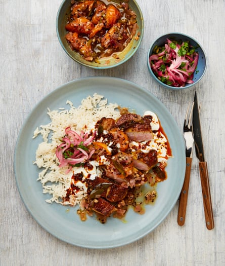 Yotam Ottolenghi’s spiced pork chops with quick apricot chutney.