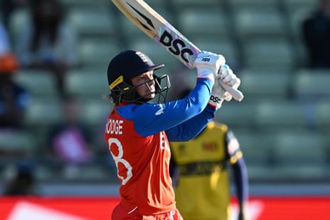 Danni Wyatt-Hodge of England hits the ball over the boundary for six runs.