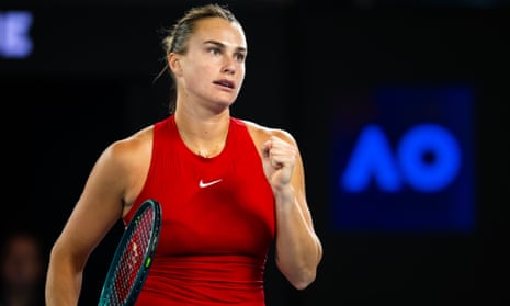 Aryna Sabalenka in action against Ella Seidel in the first round on Day 1 of the 2024 Australian Open at Melbourne Park