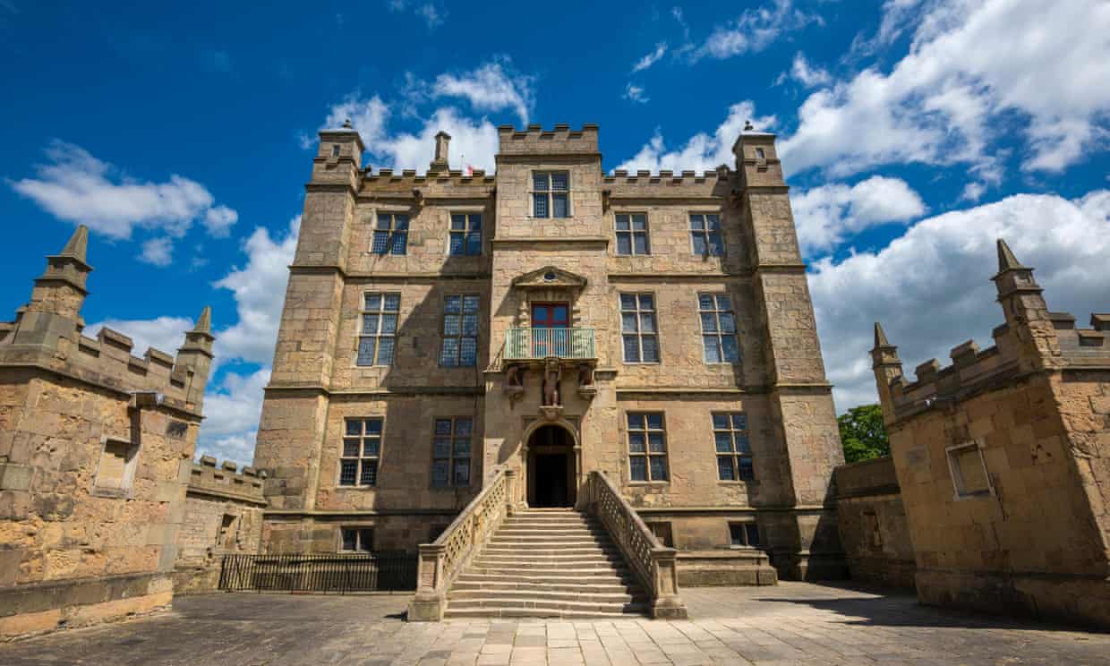 The Little Castle front view with steps leading up the front door at Bolsover Castle, Derbyshire