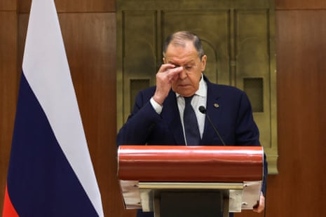 Lavrov reacts during a news conference on the sidelines of G20 foreign ministers’ meeting, at ITC Maurya, in New Delhi.