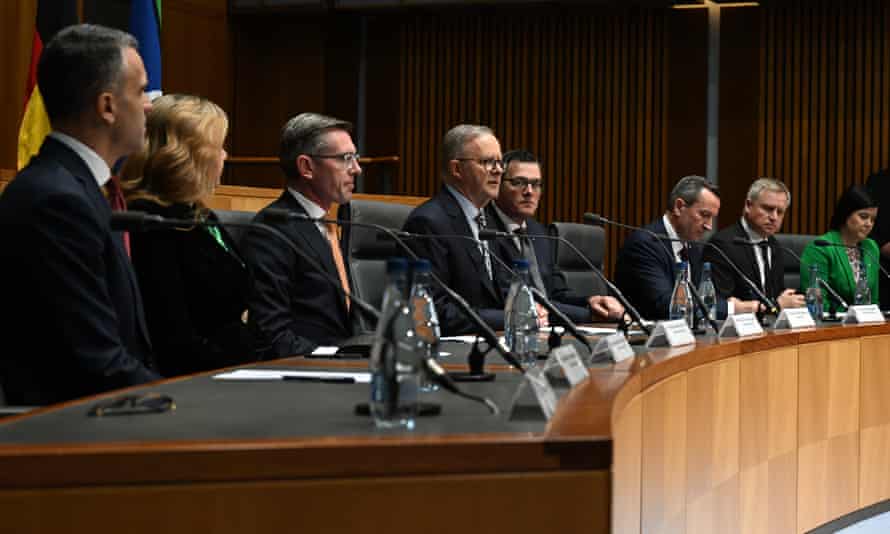 Anthony Albanese and the state and territory leaders speak to the media after a national cabinet meeting on Friday