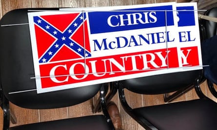 Republican state senator Chris McDaniel’s campaign signs. McDaniel’s signature issue is a promise to preserve the state flag, which bears the Confederate flag.