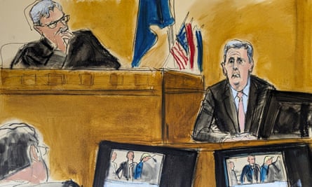 Artist’s sketch of Cohen, the judge and lawyers in the courtroom