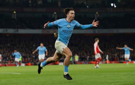Jack Grealish celebrates after scoring to put Manchester City 2-1 ahead against Arsenal