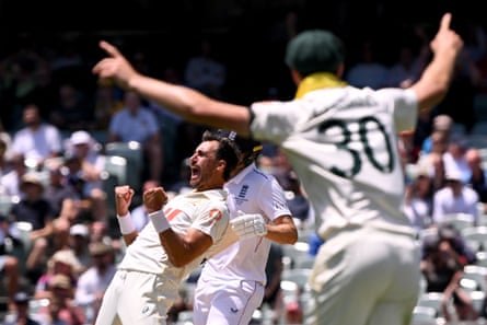 Mitchell Starc celebrates after dismissing Jofra Archer in Adelaide
