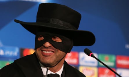 Paulo Fonseca, the Shakhtar Donetsk manager, conducts his post-match media briefing dressed as Zorro to honour a promise he made if his side qualified for the last 16 of the Champions League