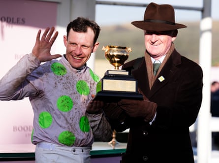 Jockey Paul Townend and trainer Willie Mullins celebrate their Cheltenham Gold Cup victory.