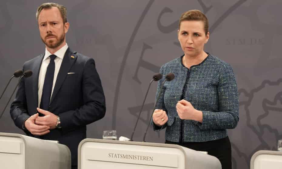 Denmark’s prime minister, Mette Frederiksen (right), announces the referendum alongside the leader of the Liberal party, Jakob Ellemann-Jensen