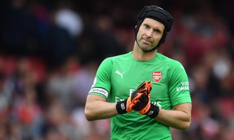 Petr Cech saves two penalties on man of the match ice hockey debut wearing  Chelsea and Arsenal badges on helmet