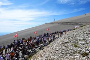 A general view of the peloton climbing Mont Ventoux.