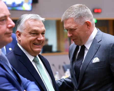 Hungarian prime minister Viktor Orbán and Slovakia's prime minister Robert Fico at the start of the EU leaders' Summit in Brussels, Belgium.