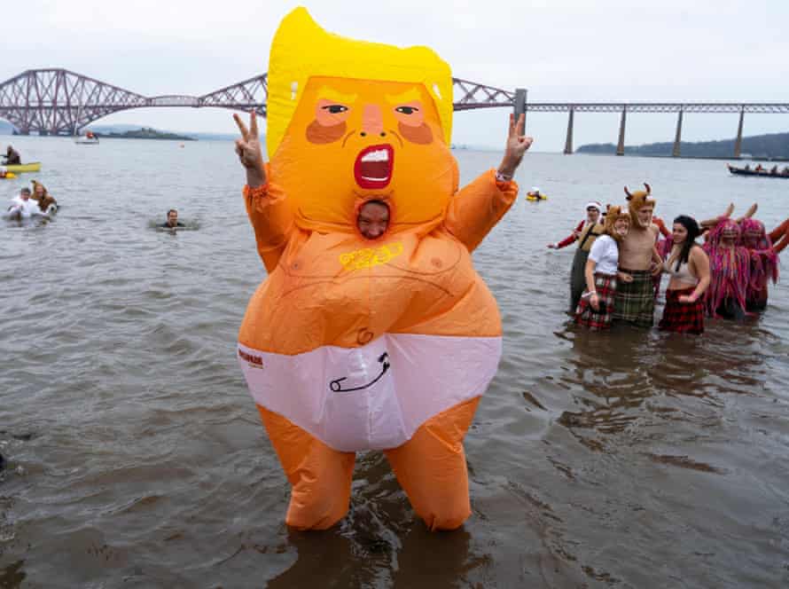 Swimmer in a Donald Trump costume at South Queensferry.