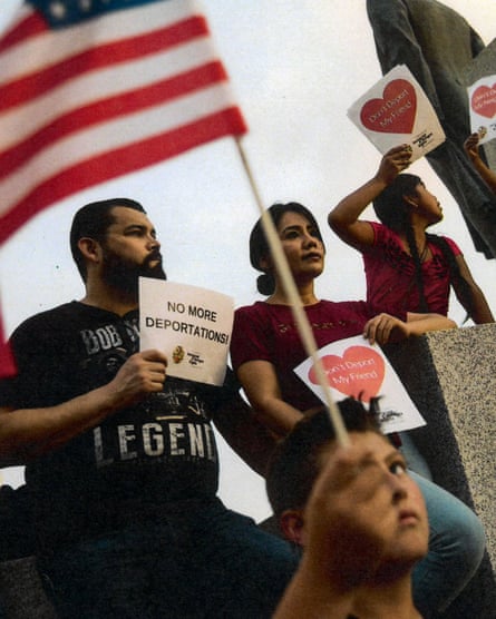 people holding signs and a US flag