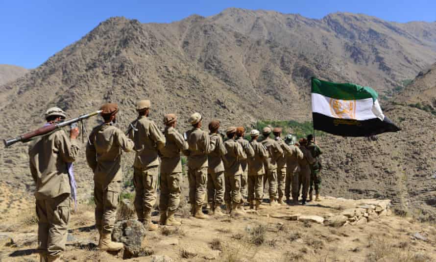 The Afghan resistance movement takes part in military training in the Dara district of Panjshir province on Thursday.