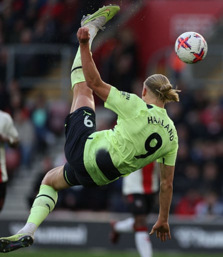Manchester City’s Erling Haaland scores with an overhead kick during the Premier League match at Southampton last season.
