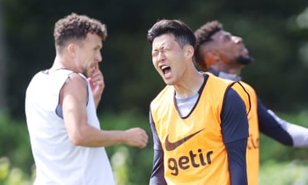 Son Heung-Min shouts in frustration during training for Tottenham.