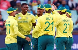 Lungi Ngidi celebrates the wicket of England’s Jos Buttler.