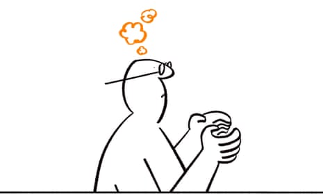Illustration of figure holding nothing, with orange thought bubbles above his head