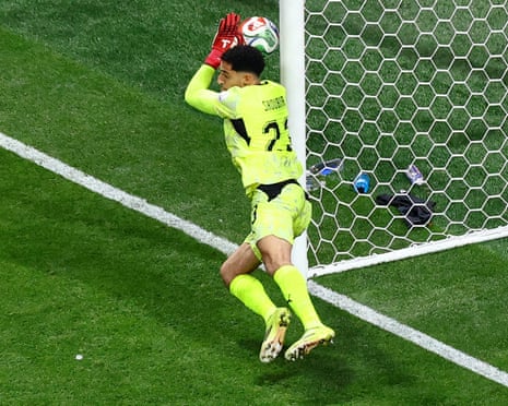 Egypt’s Mostafa Shoubir fails to save a free-kick from Argentina’s Lionel Messi and was reiieved to see it go just wide of the upright.