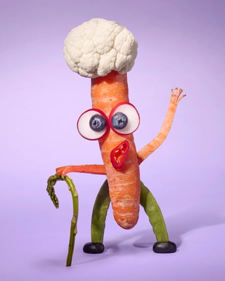 A carrot made into an aged female pinch cauliflower arsenic achromatic hair, beans for legs and asparagus for a cane