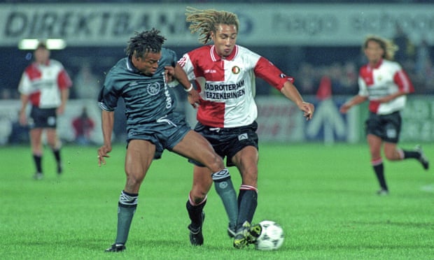 Edgar Davids (left) and Henrik Larsson in action in the Eredivisie match between Feyenoord and Ajax in October 1995