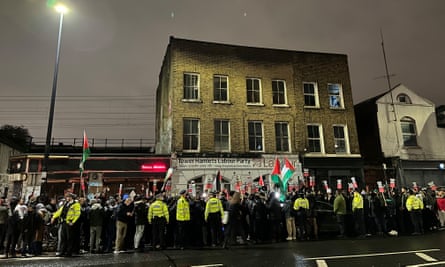 Demonstrators outside the constituency office of Labour MP Rushanara Ali.