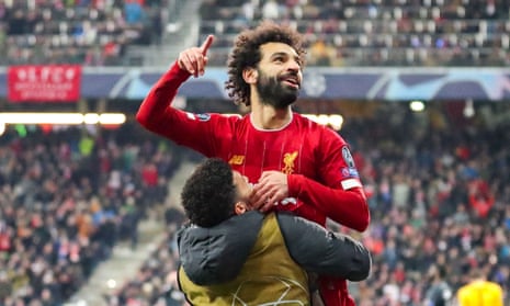 Mohamed Salah celebrates after scoring the second goal against Salzburg from a tight angle.