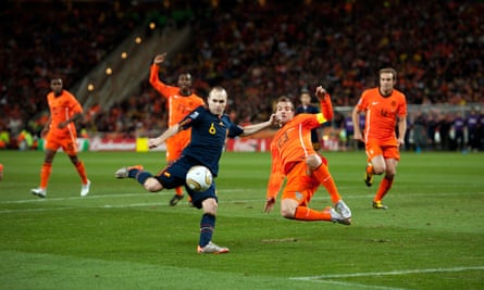 Andrés Iniesta of Spain scores the winning goal in the 2020 World Cup final.