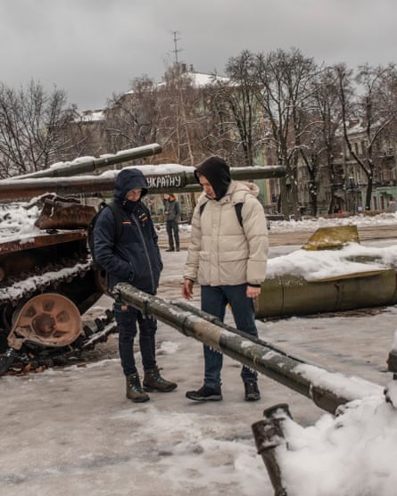 Russian tanks captured by Ukrainian troops are put on display in Kyiv