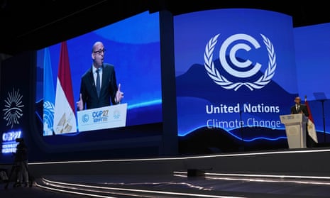 Simon Stiell, UN climate chief, speaks during a closing plenary session at the Cop27 UN climate summit in Egypt.