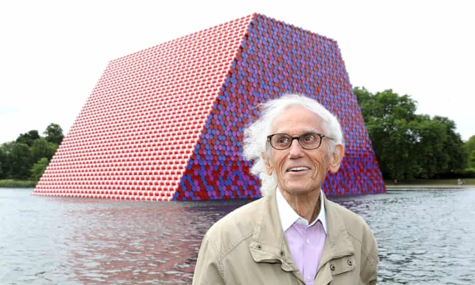 Christo unveiling his first UK outdoor work, a 20 metres high installation on Serpentine Lake in London, in 2018.