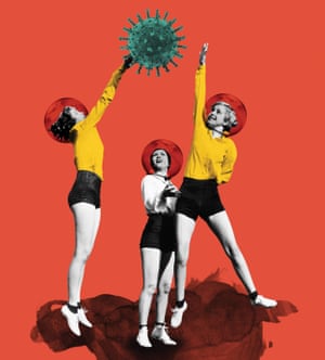 Illustration of three teens playing netball with a virus molecule